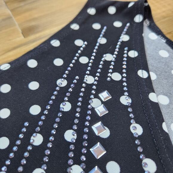 💛Vintage Suzie Black w/White Polka Dot Asymmetric Sleeveless Top Large - Picture 6 of 8